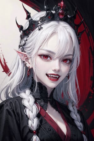 close up portrait of a vampire girl,detailed black crown on her head,white hair flowning,red background,showing her vampire fangs while smiling,big crown,fangs,red eyes,evil look,evil gaze.black earings,black rings,evil laugh,smile,YAMATO,raidenshogundef