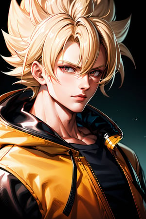 detailed portrait, 1boy, highly detailed clothes, wearing neon coat with hood, beautiful face, robotic, super saiyen, blond hair, brush strokes, 12k, beautiful outfit, wlop, high definition, cinematic, behance contest winner, portrait featured on unsplash, stylized digital art, smooth,raidenshogundef,son goku