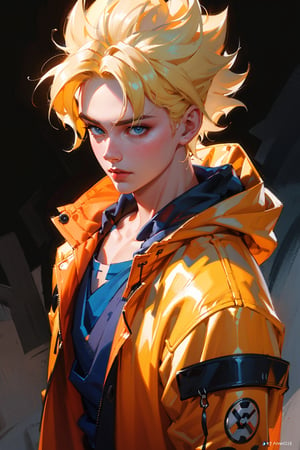 detailed portrait, ultra realistic, 1boy, highly detailed clothes, wearing neon coat with hood, beautiful face, robotic,super saiyen,blond hair,brush strokes,12k, beautiful outfit, wlop, high definition, cinematic, behance contest winner, portrait featured on unsplash, stylized digital art, smooth,son goku