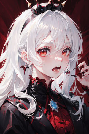 close up portrait of a vampire girl,detailed black crown on her head,white hair flowning,red background,showing her vampire fangs,sharp nails