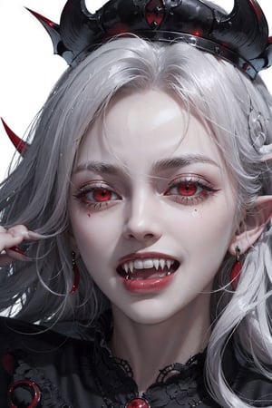 close up portrait of a vampire girl,detailed black crown on her head,white hair flowning,red background,showing her vampire fangs while smiling,sharp nails,big crown,fangs,red eyes,evil look,evil gaze.black earings,black rings,evil laugh,smile,YAMATO