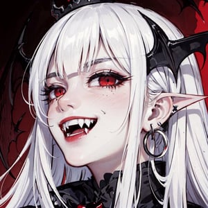 close up portrait of a vampire girl,detailed black crown on her head,white hair flowning,red background,showing her vampire fangs while smiling,sharp nails,big crown,fangs,red eyes,evil look,evil gaze.black earings,black rings,evil laugh,smile