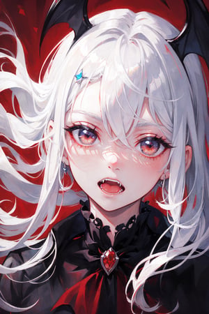 close up portrait of a vampire girl,detailed black crown on her head,white hair flowning,red background,showing her vampire fangs,sharp nails