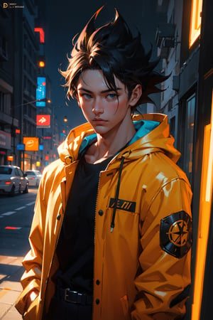 detailed portrait, ultra realistic, 1boy, highly detailed clothes, wearing neon coat with hood, beautiful face, robotic,super saiyen,brush strokes,12k, beautiful outfit, wlop, high definition, cinematic, behance contest winner, portrait featured on unsplash, stylized digital art, smooth,son goku