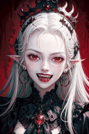 close up portrait of a vampire girl,detailed black crown on her head,white hair flowning,red background,while smiling,big crown,red eyes,evil look,evil gaze.black earings,black rings,evil laugh,smile,YAMATO,fangs