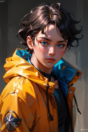 detailed portrait, ultra realistic, 1boy, highly detailed clothes, wearing neon coat with hood, beautiful face, robotic, brush strokes,12k, beautiful outfit, wlop, high definition, cinematic, behance contest winner, portrait featured on unsplash, stylized digital art, smooth,son goku