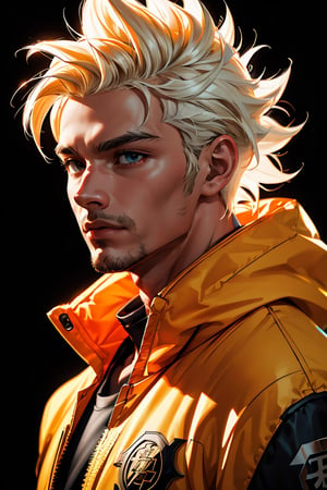 detailed portrait, ultra realistic, 1boy, highly detailed clothes, wearing neon coat with hood, beautiful face, robotic, super saiyen, blond hair, brush strokes, 12k, beautiful outfit, wlop, high definition, cinematic, behance contest winner, portrait featured on unsplash, stylized digital art, smooth,raidenshogundef,son goku