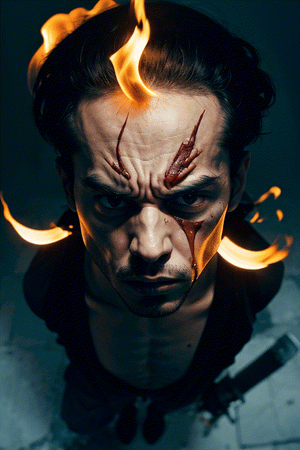 1man, athletic body, fire on face, high_res, horror, angry look