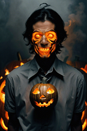 1man, pumpkin face, fire on face, high_res, horror, scary look