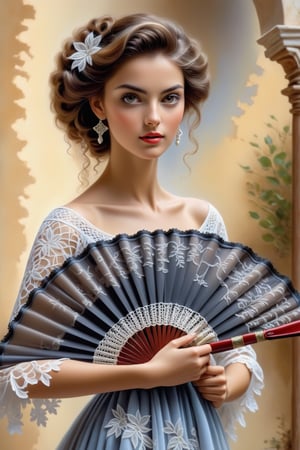 (masterpiece), Slender woman holds her Spanish lace fan in her hand, (she places the Spanish fan on her waist, as if it were a belt. This highlights her figure and her style), The image has a geometric art style, with simple shapes and solid colors, which give her an elegant and sober look, real and detailed, highlights the color of her eyes, The image must be high impact, the background must be dark and contrast with the figure of the girl, The image must have a high detail resolution of 8k, (full body), (artistic pose of a woman points the closed Spanish lace fan to something or someone), in 8k quality, the woman shows an attitude of confidence, romantic style, realy detailed, highlights the color of your eyes, The image must be high impact, The image must have high detail 8k resolution, image (full body), (artistic pose of a woman),Leonardo Style