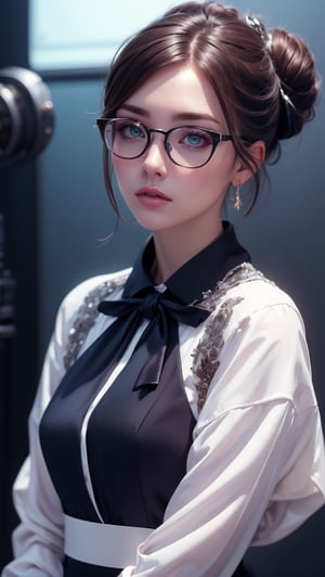 (masterpiece),  The woman has brown hair tied up in a bun,  and is wearing a dark gray tailored suit,  with a white shirt and a red tie. He wears black-framed glasses and a silver wristwatch,  the image is 8k quality,monadef,WARFRAME,DonMC3l3st14l3xpl0r3rsXL