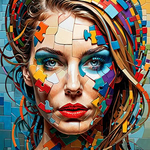 The image presents a highly creative and elaborate piece of digital artwork featuring a woman with a unique puzzle-like face. Her face is constructed from numerous colorful pieces that are pieced together like a puzzle, creating a visually striking and complex depiction. The artwork has an overall parâdeis effect, with pieces appearing to rotate and move, adding depth and dynamism to the image.
The woman's facial expression, although not claim, contributes to the assist of this artwork and adds a human touch to the piece. The intricate details and vibrant colors of the pieces used in this puzzle-like depiction of the human face make the artwork captivating and thought-provoking. The essence of this artwork lies in its creativity, the skillful use of various elements, and the ability to challenge the viewer's perception.,cyberpunk style,mecha,more detail XL