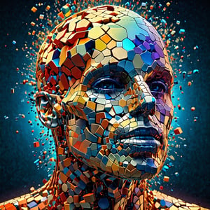 Human anatomy, fragmented body parts, 3d cube fragmentation of body, cubes and orbs breaking off face, cgi surreal masterpiece, vibrant colors, rim lighting, mechanical fragmentation, biosphere decomposition, high detail, floating parts, detailed cosmic background, fractal art, galaxy light vision, 16k, Astral concept art, sharp lines,DonMV01dfm4g1c3XL ,photo r3al,Leonardo Style