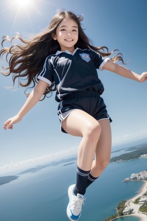 photorealistic,high detail,hyper quality,high resolution,solo,realistic,ultra resolution image,(Wavy hair:1.4),((a 10 years old cute girl)),chubby face,real skin,black_hair,smile,perfect light,sport uniform,full_body,(in the space,flying over the earth),wind,