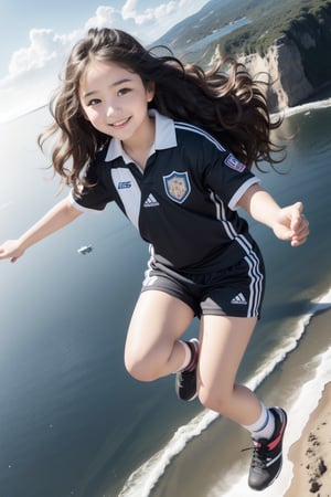 photorealistic,high detail,hyper quality,high resolution,solo,realistic,ultra resolution image,(Wavy hair:1.4),((a 10 years old cute girl)),chubby face,real skin,black_hair,smile,perfect light,sport uniform,full_body,in the space,flying over the earth,