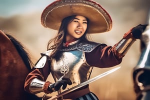 A very beautiful asian girl, wearing a Mexican mariachi suit and hat, sword fighting against a medieval knight in full armor. side perspective, medieval painting art. grain texture on canvass. full body
