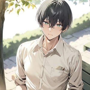 ((masterpiece, best quality, rating: general, newest)), solo, looking at viewer, short hair, bangs, shirt, black hair, 1boy, hair between eyes, green eyes, white shirt, upper body, male focus, outdoors, day, collared shirt, blurry, pocket, bench, breast pocket, oreki houtarou