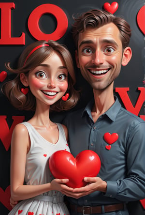 impactful color paint of cute drawing of extremely detailed Man with woman happy face , man holding big red heart with (text: "LOVE":1.2) on the black wall ,     