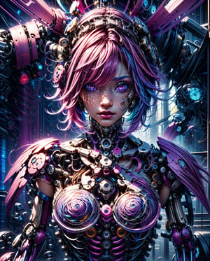 (masterpiece, top quality, best quality, official art, beautiful and aesthetic:1.2),(1girl:1.4),full body,([pink|blue|purple] hair:1.5),extreme detailed,(fractal art:1.3),(colorful:1.5),highest detailed,(Mechanical modification:1.5),eyes shoot,more detail XL,robotic body