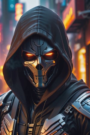 masterpiece, best quality, 8k, photo of a hooded cybernetic human with quantum capabilities, fiery background, obscured face, detailed photorealistic, highly detailed, blurry photo, intricate, incredibly detailed, super detailed, detailed texture, crazy detail, clothing, in an apocalyptic city of fire terminator style 