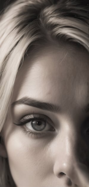 Create a monochrome portrait of beautiful blonde girl .close up hair covering eye, dark make up, nostalgic picture,Realism,pinhole photography,DonM4lbum1n,