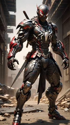 Spiderman , Cyborg , wearing a black spiderman samurai clothing in battle pose  , with wounds and scratches,  Slender, Skinny, full body shot, wide Angle, octane render RTX, render, realistic render, cinematic lighting 