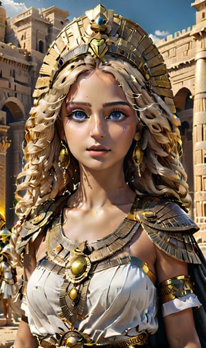wide angle camera , girl , detailed eyes, curly long yellow hair, , Ancient Egypt , roman castle civilization, girl  costume,Middle Kingdom of the Middle Bronze Age and the New Kingdom of the Late Bronze Age. mudy ,piramid   inside  [(masterpiece, top quality, best quality, , ,3D Render Style,3DRenderAF,Movie Aesthetic,icarus,Roman,DonMASKTexXL 