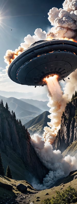 realistic photo made with a canon camera of A complex action film, a UFO crashes into a mountain, is smashed diagonally into the mountainside, completely out of commission, atmosphere, cinematography, photography