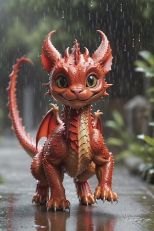(Ultra-high resolution of the highest quality), (8k RAW photos in the highest quality, Hyper Real Masterpiece), Best Quality, Masterpiece, wall paper, Official Art, astonishing, finely-detail, Extremely delicate and beautiful, Extremely detailed, highly detailed, Sharp focus, rich background, (real-life portrait photography), Create stunning image of a baby red dragon running in the rain, side photo, beautiful cat, cute cat, 8k ultra, detailed, gothic style, (Speckled light and shadow, Depth of field)