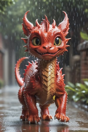 (Ultra-high resolution of the highest quality), (8k RAW photos in the highest quality, Hyper Real Masterpiece), Best Quality, Masterpiece, wall paper, Official Art, astonishing, finely-detail, Extremely delicate and beautiful, Extremely detailed, highly detailed, Sharp focus, rich background, (real-life portrait photography), Create stunning image of a baby red dragon running in the rain, side photo, beautiful cat, cute cat, 8k ultra, detailed, gothic style, (Speckled light and shadow, Depth of field)