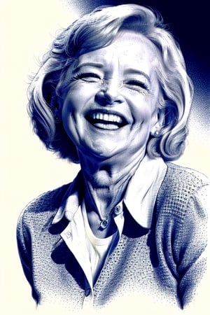 A medium shot detailed XTCH crosshatching portrait of Betty White laughing hysterically. Spot color, partially colored, navy theme, XTCH,XTCH
