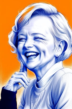 A medium shot detailed XTCH crosshatching portrait of Betty White laughing hysterically. Spot color, partially colored, orange theme, XTCH,XTCH