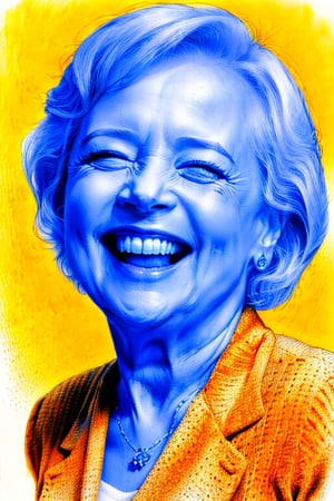 A medium shot detailed XTCH crosshatching portrait of Betty White laughing hysterically. Spot color, partially colored, orange theme, XTCH,XTCH