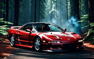 A photorealistic image of a 1994 Acura NSX sitting in middle of quiet forest and a smokey, car photography, 8k, unreal engine, masterpiece,detailmaster2