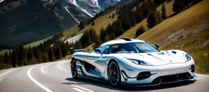 Koenigsegg, driving on mountain roads, masterpiece, award-winning, ultra-realistic, natural lighting, true colors, clear focus, smooth, intricate details, 8k wallpaper, popular on artstation