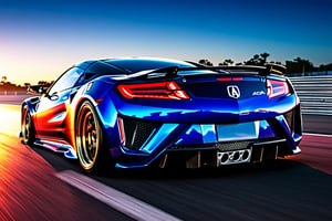 (((A photo realistic image of a Acura NSX))), ((Wide View)), (setting race track), ((wide shot)) , sharp, detailed car body , detailed tires, (masterpiece, best quality, ultra-detailed, 8K), race car, street racing-inspired, Drifting inspired, LED, ((Twin headlights)), (((Bright neon color racing stripes))), (Black racing wheels), Wheel spin showing motion, Show car in motion, Burnout,  wide body kit, modified car,  racing livery, masterpiece, best quality, realistic, ultra high res, (((depth of field))), (full dual color neon lights:1.2), (hard dual color lighting:1.4), (detailed background), (masterpiece:1.2), (ultra detailed), (best quality), intricate, comprehensive cinematic, magical photography, (gradients), glossy, Fast action style, Sideways drifting in to a turns, ,DonMPl4sm4T3chXL ,more detail XL,Movie Still