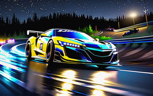 Race cars in a high speed street race (best quality,4k,8k,highres,masterpiece:1.2),ultra-detailed, ((a customized car)), ((street racer)), ((a beautiful paintjob)), ((fully detailed)), illustration, vivid colors, GTR, NSX,  Drifting, going fast, night, bright yellow headlights,setting USA Oregon's Mountain roads, No text on signs, Late night time dark skys filled with moonlight and bright stars,1 car.,Nature,modelshoot style, Fast action style, Sideways drifting in to a turn, gray and black cars,