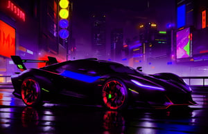 A sleek, neon-lit cyberpunk car races through a dark, rain-soaked cityscape, its glowing wheels leaving trails of light behind it. The car's body is adorned with glowing neon lights and sharp, angular lines, giving it a menacing and futuristic appearance.