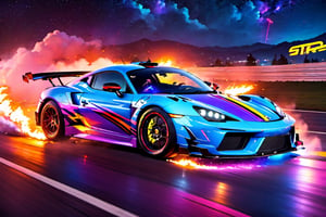angelic sports car, blue and white colors, bright sky, colorful beautiful mountain, sharp, clouds, detailed car body ,ethereal art, detailed tires, fire scene, more detail, (masterpiece, best quality, ultra-detailed, 8K), race car, street racing-inspired,Drifting inspired, LED, ((Twin headlights)), (((Bright neon color racing stripes))), (Black racing wheels), Wheelspin showing motion, Show car in motion, Burnout,  wide body kit, modified car,  racing livery, masterpiece, best quality, realistic, ultra highres, (((depth of field))), (full dual colour neon lights:1.2), (hard dual color lighting:1.4), (detailed background), (masterpiece:1.2), (ultra detailed), (best quality), intricate, comprehensive cinematic, magical photography, (gradients), glossy, Night with galaxy sky, Fast action style, fire out of tail pipes, Sideways drifting in to a turn, Neon galaxy metalic paint with race stripes, GTR Nismo, NSX, Porsche, Lamborghini, Ferrari, Bugatti, Ariel Atom, BMW, Audi, Mazda, Toyota supra, Lamborghini Aventador,  aesthetic,intricate, realistic,cinematic lighting, Neon Paint, streaks of fire,c_car,more detail XL,mecha,Concept Cars,DonMPl4sm4T3chXL ,Sexy,vaporwave style,Comic Book-Style 2d,spcrft,3d toon style