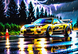 Race cars in a high speed street race (best quality,4k,8k,highres,masterpiece:1.2),ultra-detailed, ((a customized car)), ((street racer)), ((a beautiful paintjob)), ((fully detailed)), illustration, vivid colors, GTR, NSX,  Drifting, going fast, night, bright yellow headlights,setting USA Oregon's Mountain roads, No text on signs, Late night time dark skys filled with moonlight and bright stars,1 car.,Nature,modelshoot style, Fast action style, Sideways drifting in to a turn, gray and black cars, Set in a rain storm with lightning,