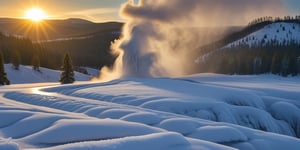 In the crisp February air of Yellowstone, a breathtaking landscape unfolds with golden hues. Picture a canvas of snow-draped evergreens, their branches adorned with a delicate touch of frost. Thermal features, like the iconic geysers, release billows of steam, creating an ethereal atmosphere. Bison, resilient against the winter chill, roam the vast expanse, adding life to the serene tableau. As the sun sets, casting warm tones on the snowy terrain, February in Yellowstone becomes a visual symphony, a testament to nature's enduring beauty in the heart of winter.,<lora:659095807385103906:1.0>