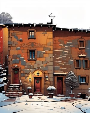 casa con la neve, comic style, 2d, disney style, illustration style, comic book, ink drawing