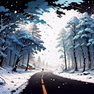 image to image. falling snow, illustration, ink outliner, bright color illustration, 2D, cartoon style,comic book