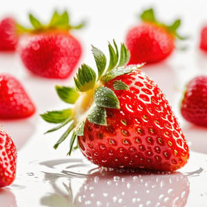 (high quality, studio photography), featuring a luscious ripe strawberry resting delicately on a pristine white table, with a backdrop of glistening water droplets. The vibrant red hue of the strawberry pops against the clean white surface, creating a visually striking contrast that draws the viewer's attention. Each tiny seed on the strawberry's surface is rendered in exquisite detail, capturing the fruit's natural texture and beauty. The water droplets surrounding the strawberry add a sense of freshness and vitality to the scene, their reflective surfaces catching the light and creating a mesmerizing sparkle. This high-quality image is expertly lit to enhance the strawberry's natural colors and textures, resulting in a visually captivating composition that celebrates the simple elegance of this delicious fruit.