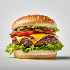 (best quality,8K,highres,masterpiece), ultra-detailed, studio photography of a delicious burger against a pristine white background. The burger is meticulously arranged to showcase its mouthwatering layers of juicy beef, melted cheese, fresh lettuce, ripe tomatoes, and tangy pickles, all nestled between perfectly toasted buns. Each ingredient is captured with precision, highlighting its texture, color, and freshness. The clean white background provides a minimalist backdrop, allowing the vibrant colors of the burger to pop and the viewer's attention to be fully drawn to its appetizing appearance. This studio photograph is a testament to the artistry of food photography, inviting viewers to savor every detail of the delectable burger.
