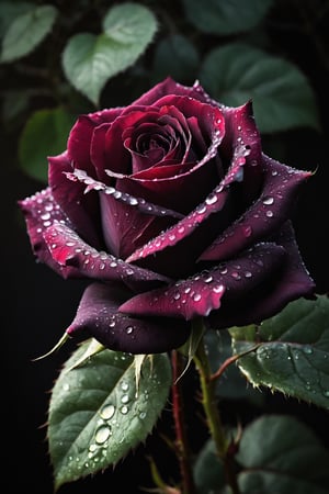 (highres,ultra-detailed,realistic:1.2),black rose,water droplet,macro photography,hyper realistic,velvet petals,breathtakingly beautiful,subtle shadows,crystal clear droplets,delicate dew on leaves,tiny water beads,rich and vibrant colors,exquisite details,intricate textures,dramatic lighting,submerged in darkness,contrasting tones,graceful curves,petal veins,soft focus background,hauntingly elegant,meticulous attention to detail,thorny stems,subtle reflections,on the verge of blossom,fragile beauty,an intimate view into nature's marvels.