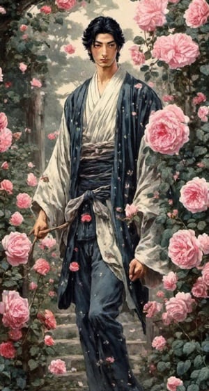 A beautiful young Japanese man, walking through a beautiful rose garden, very black hair, tall, many details, from medieval times. A traditional Japanese art,photo r3al