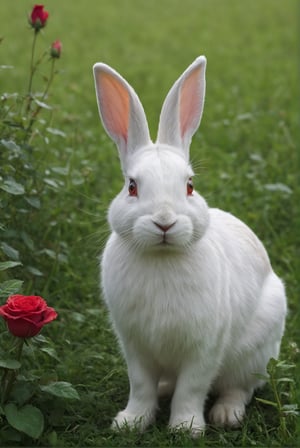 Hyperrealistic photo of a very realistic white rabbit. The rabbit is in a very green meadow. The rabbit is attentive to movement, on alert. (((The rabbit is facing forward, on its hind legs))). The meadow has many red roses. It is day. The light enters between the leaves and gives a contrast of shadows on the animal. Beautiful scene, ultra detailed, hyperrealistic, colorful, distant.