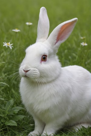 
Hyperrealistic photo of a very realistic white rabbit. The rabbit is in a very green meadow. The rabbit is attentive to movement, on alert. The meadow has many flowers. It is day. The light enters between the leaves and gives a contrast of shadows on the animal. Beautiful scene, ultra detailed, hyperrealistic, colorful, distant.