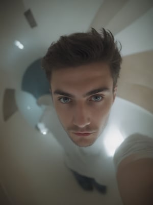 handsome italian man, 20yo, in room, fish eye view, frost, glowing, metamorphic, epic cinematographic take of moving dynamics, main theme of a high budget action film, rough photography, blur of movement, better quality, high resolution